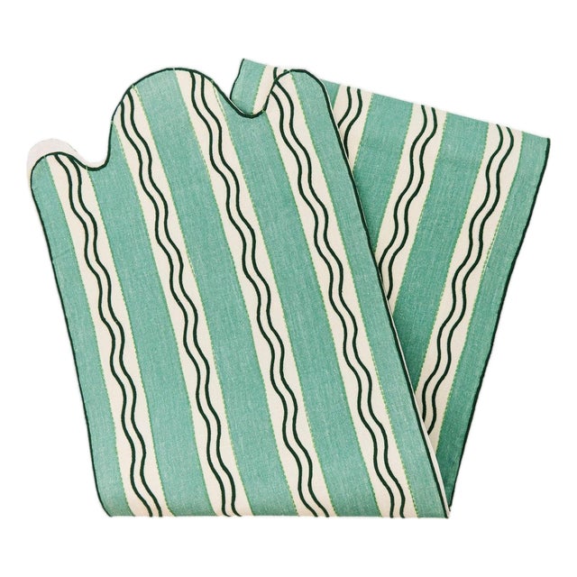 Misette Monaco Stripe Embroidered Linen Runner, Green Stripe For Sale
