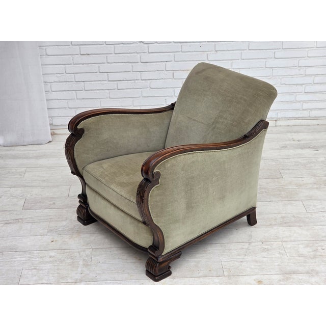 Danish Lounge Chair in Velour and Carved Oak, 1950s For Sale - Image 4 of 18