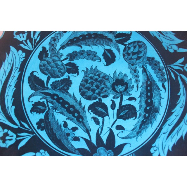 Vintage Turkish Ceramic Wall Plate, Signed by Artist, Hand Painted Boho Decor, Styling Pomegranate Floral Deep Blue Teal Black For Sale - Image 10 of 10
