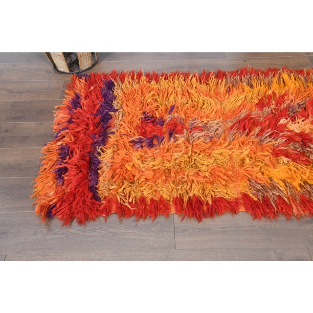 Textile 1970s Vintage Handmade Wool Cotton Orange Red High Pile Runner Rug For Sale - Image 7 of 11