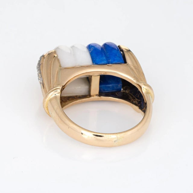Mid 20th Century Mid 20th Century Mid Century Vintage Ring Diamond Fluted Sodalite White Agate 14k Gold Cocktail size 6.5 For Sale - Image 5 of 7