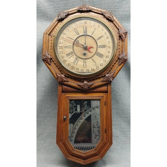 Antique School Clock With Day Hand For Sale - Image 4 of 4