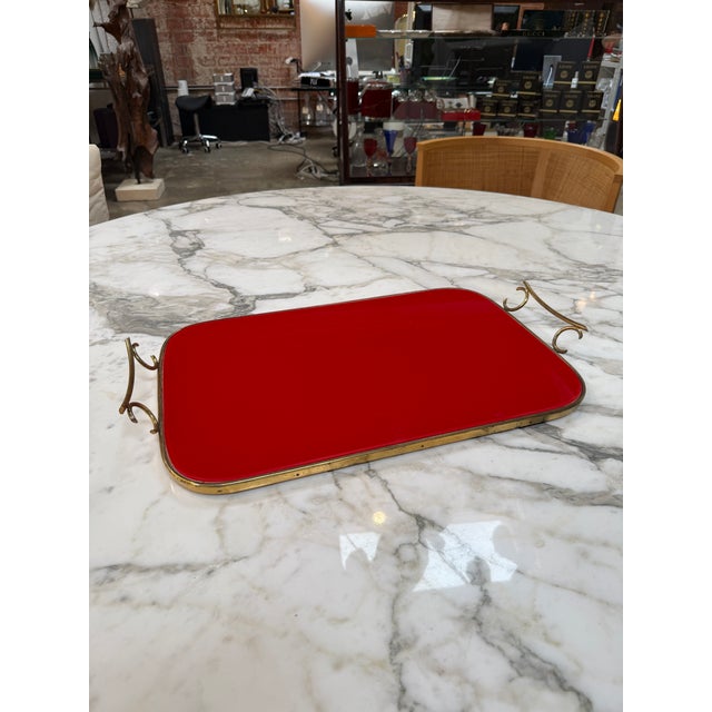 Arlecchino Milano Red Serving Tray With Brass Handles For Sale - Image 9 of 9