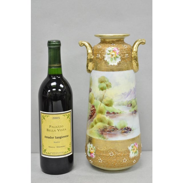 Antique Nippon Hand Painted "Lake Scene" Art Nouveau Moriage Twin Handle Porcelain Vase. Circa Early 20th Century....