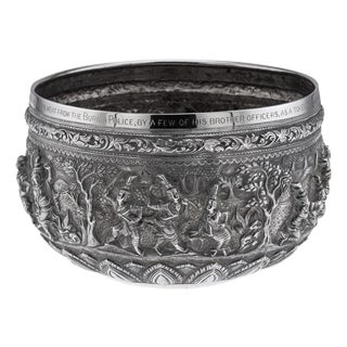 Antique Burmese Repoussé Silver Bowl with Jataka Tales Decow, 1900s For Sale
