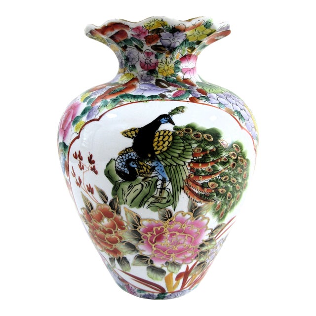 Vintage Chinoiserie Hand Painted Famille Rose Peacock Porcelain Vase For Sale