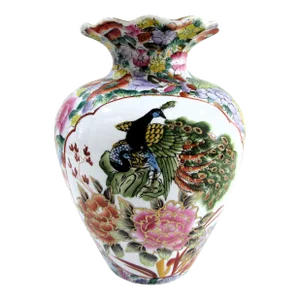 Vintage Chinoiserie Hand Painted Famille Rose Peacock Porcelain Vase