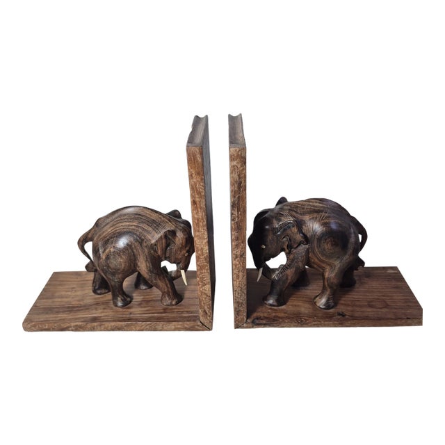 Vintage Hand Carved Wood Elephant Bookends -Set of 2 For Sale