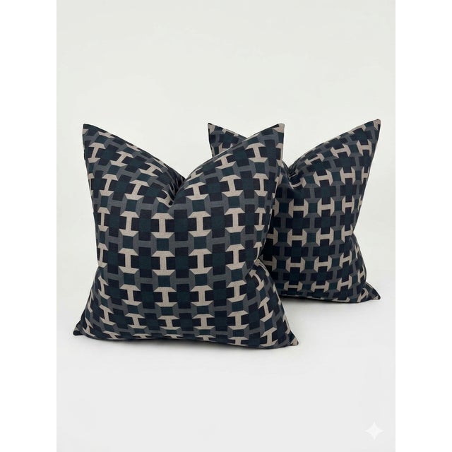 Elevate your space with this stunning pair of custom-made accent pillows featuring the highly coveted Hermès "Pavage...