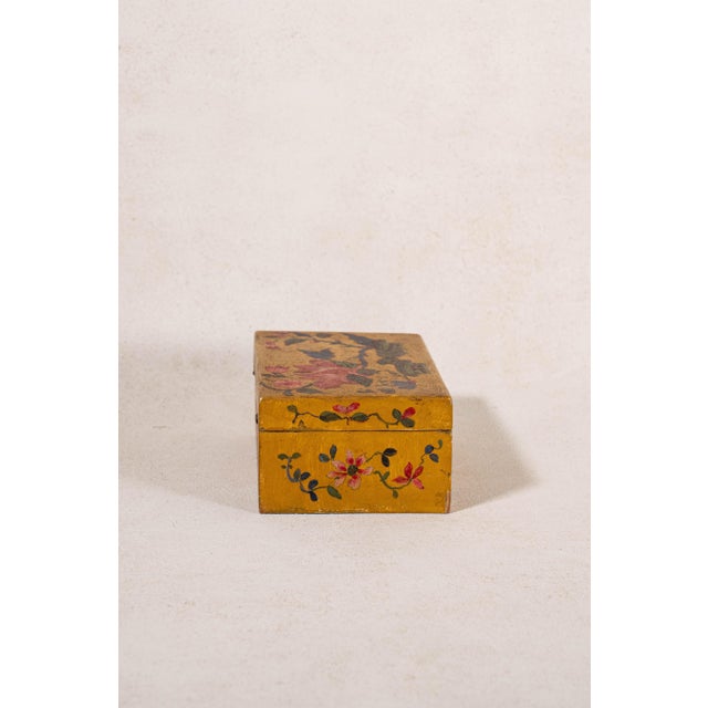 Vintage Hand Painted Mustard + Floral Box For Sale - Image 4 of 8