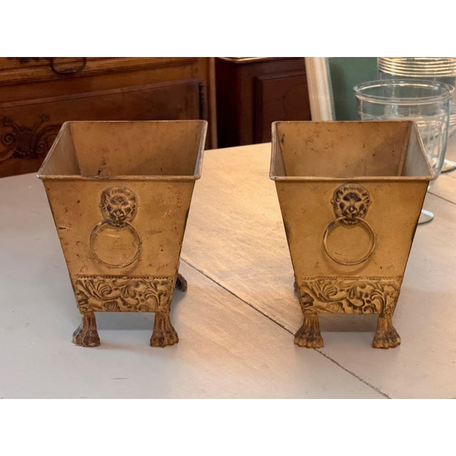 French Pair of Tole Planters With Lion Mask Handles For Sale - Image 3 of 10