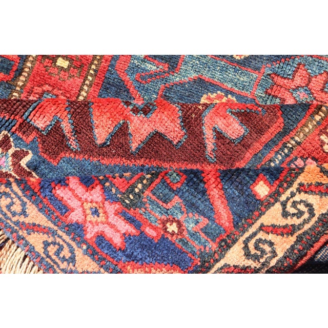 Antique Kurdish Gallery Rug With Indigo Field and Bold Tribal Medallions For Sale - Image 11 of 12