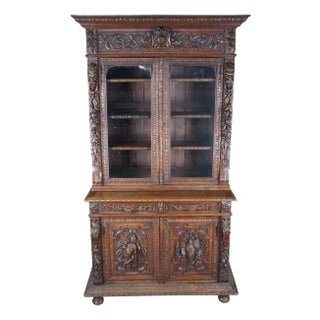 Antique French Renaissance Revival Oak Carved Hunt Bookcase Display Cabinet For Sale