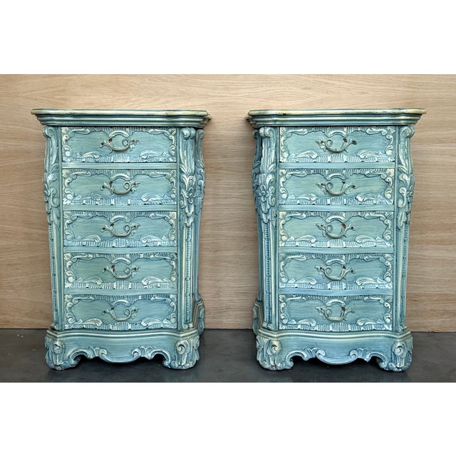 Pair of Solid Wood Carved Turqueoise Nightstands with Five Drawers, Signed