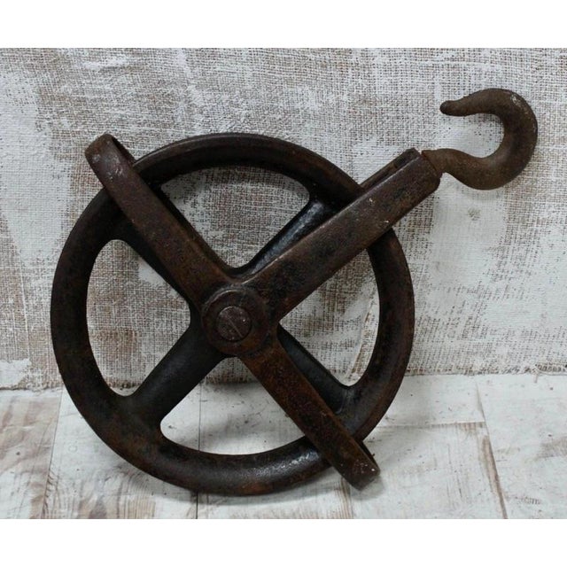 Metal Antique Industrial Cast Iron Pulley Wheel, 1900 For Sale - Image 7 of 10