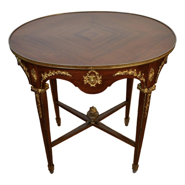 1900s French Louis XVI Style Mahogany & Satinwood Inlaid Center Table With Drawer & Ormolu Mounts For Sale