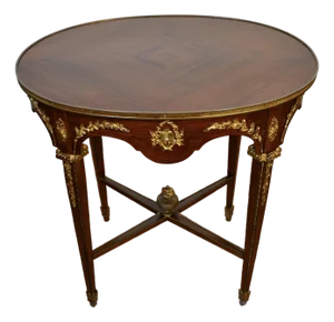 1900s French Louis XVI Style Mahogany & Satinwood Inlaid Center Table With Drawer & Ormolu Mounts