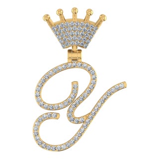 10K Yellow Gold Round Diamond Crown Y Letter Initial Pendant 1/5 Cttw For Sale