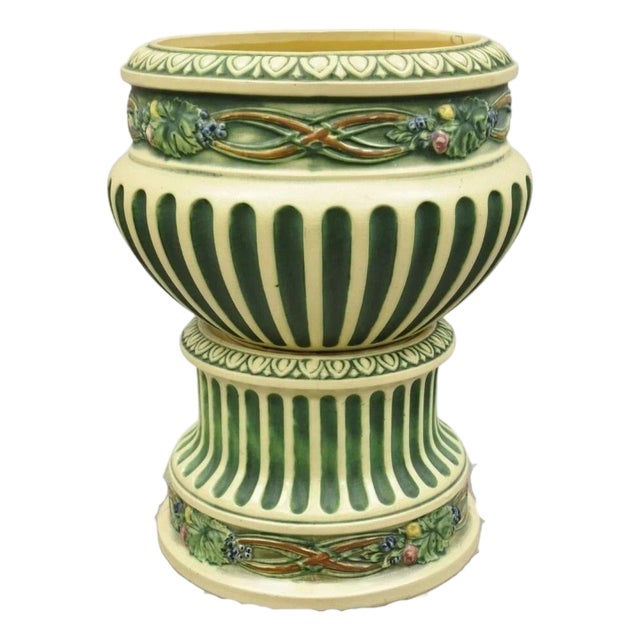 Antique Roseville Corinthian Pattern Jardiniere Planter Pot & Rare Low Pedestal For Sale