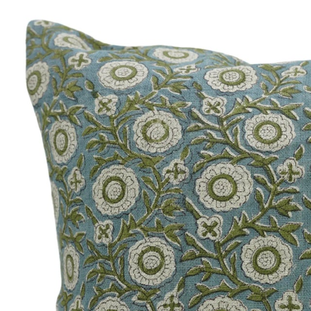 Handmade Block Floral Print Pillow Cover for Home Décor Thick Linen-Kashi, 22x22 Inch For Sale - Image 4 of 4