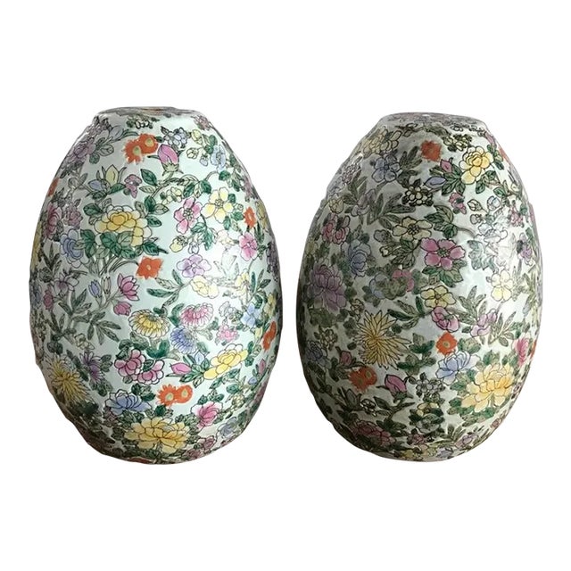 Vintage Chinoiserie Asian Floral Egg Shaped Lamp Vases Drilled for Wiring - a Pair For Sale