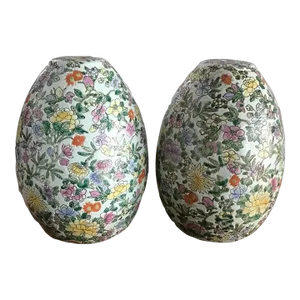 Vintage Chinoiserie Asian Floral Egg Shaped Lamp Vases Drilled for Wiring - a Pair