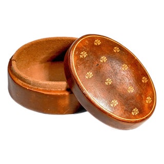 Mid Century Gilt Fleur De Lis Oval Trinket Box, G. Fox & Co. Vintage Italian Leather Jewelry Box Luxury Home Decor For Sale