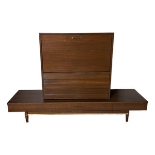 American of Martinsville "Dania" Walnut Modular Bench and Desk/Bar Cabinet Attachment by Merton Gershun For Sale