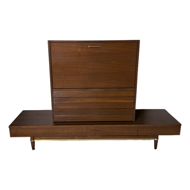 American of Martinsville "Dania" Walnut Modular Bench and Desk/Bar Cabinet Attachment by Merton Gershun For Sale