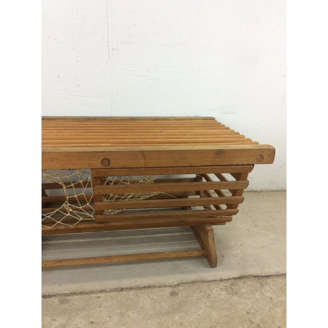This vintage repurposed wooden lobster trap features hardwood construction, slatted top, original string cage, and a newer...