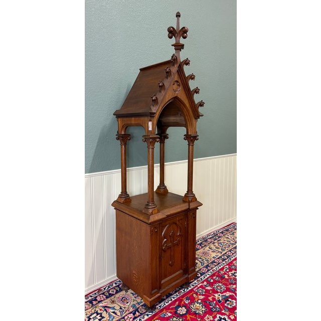 Brown Antique French Gothic Revival Statuary Niche Cabinet Pedestal Altar Oak Late 19c For Sale - Image 8 of 18