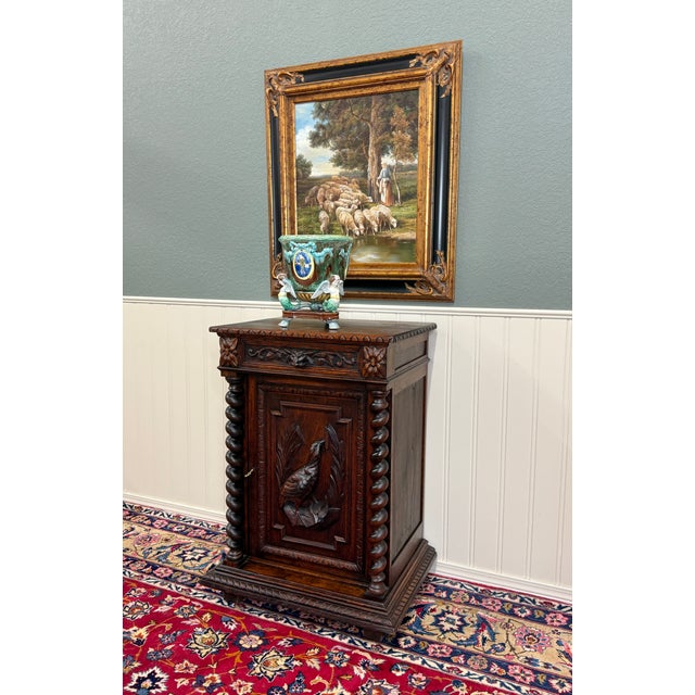 Antique French Jam Cabinet Cupboard Pedestal Barley Twist Drawer Oak Pheasant For Sale - Image 16 of 18
