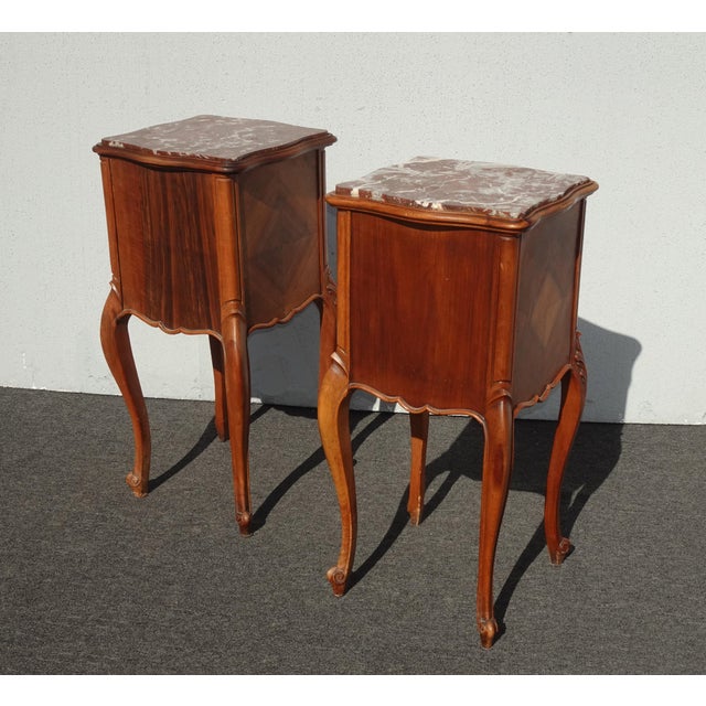 Pair of Antique French Provincial Louis XV Nightstands Side Tables W Marble Top For Sale - Image 11 of 17