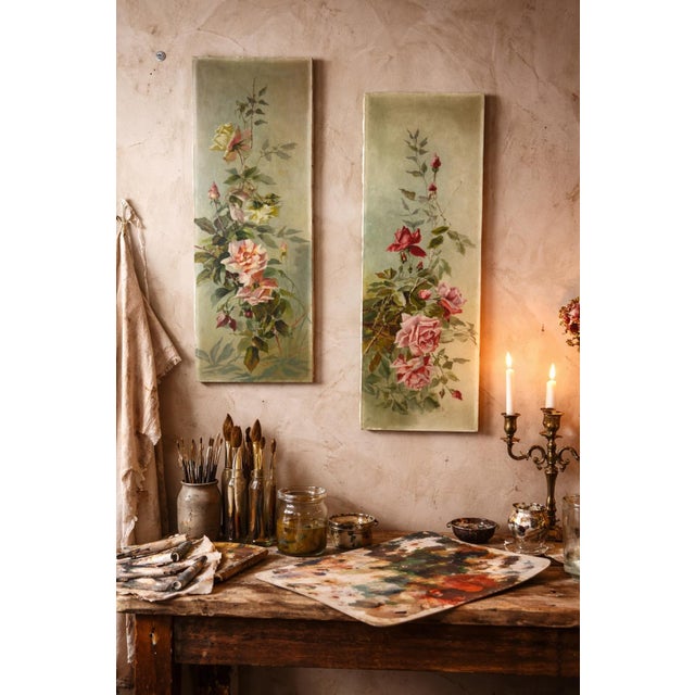 A delightful pair of oil paintings on canvas depicting roses in bloom, signed M. Nuguet, offering a delicate and poetic...