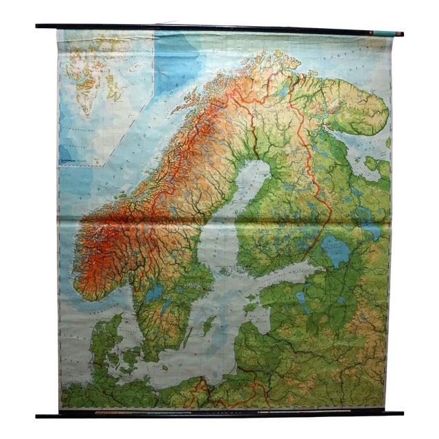 Vintage Scandinavia Norway Sweden Finland Rollable Map Wall Chart Print For Sale