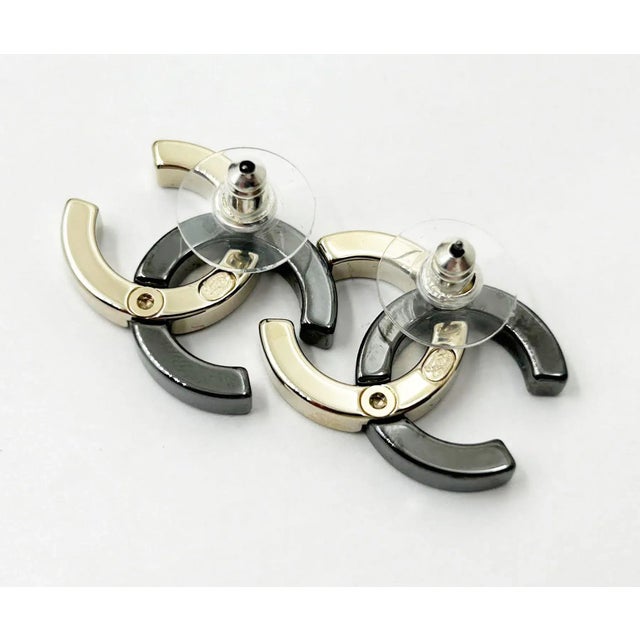 Chanel Chanel Gold Gunmetal CC Half Half Large Piercing Earrings - 2 Pieces For Sale - Image 4 of 4