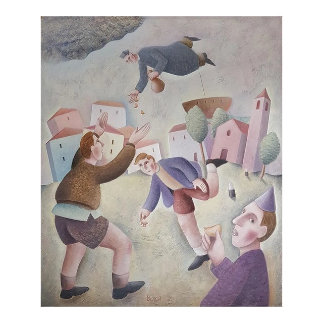 Il Lancio delle Raviole - Original Oil on Wooden Panel by C. Benghi - 2000s 2000s For Sale