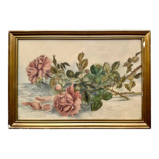 Circa 1800s Drawing of Roses in Gilt Plaster Frame With Wavy Glass Signed M a Sheller For Sale