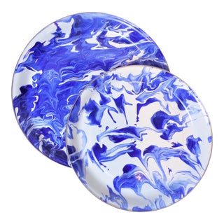Vintage Enamel Lapis Blue & White Swirl Tray Set - a Pair For Sale