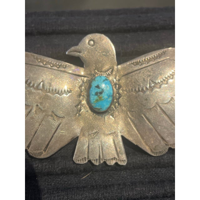 Antique Navajo Hand Done Eagle Brooch Sterling Silver 7 Turquoise Early Fred Harvey For Sale - Image 4 of 6