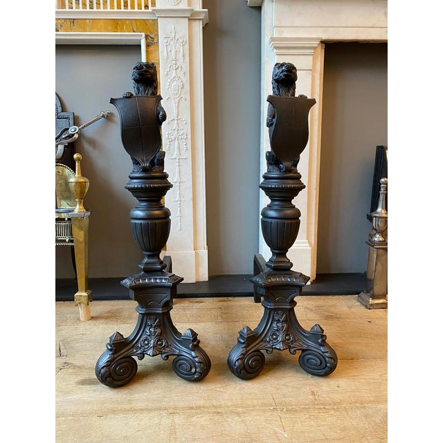 Late 19th Century Tall Antique Fire Dogs in Cast Iron, 1890, Set of 2 For Sale - Image 5 of 16