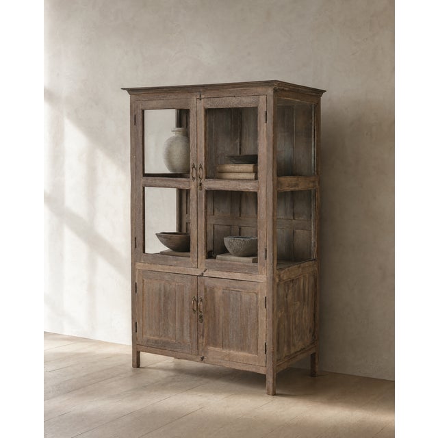1930s Extra Large Vintage Teak Wood Cabinet | Antique Indian Glass Armoire | Wabi Sabi Storage Display | Rustic Home Decor For Sale - Image 5 of 5