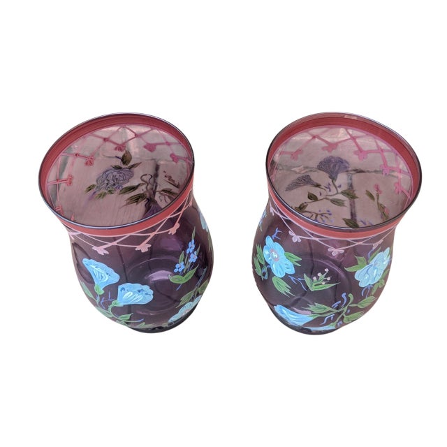 Vintage Hand Painted Purple Glass Hurricanes- A Pair For Sale - Image 9 of 17