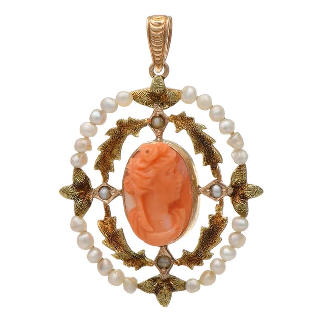 10KY Victorian Carved Cameo & Seed Pearl Pendant For Sale