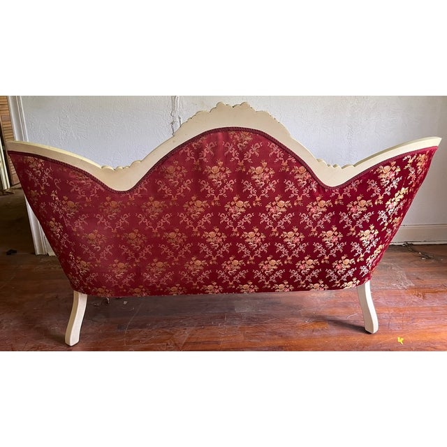 Mid 20th Century 3-Piece Victorian Rococo Revival Style Parlor Suite — Carved Cream & Gold Frames, Burgundy Brocade For Sale - Image 12 of 18