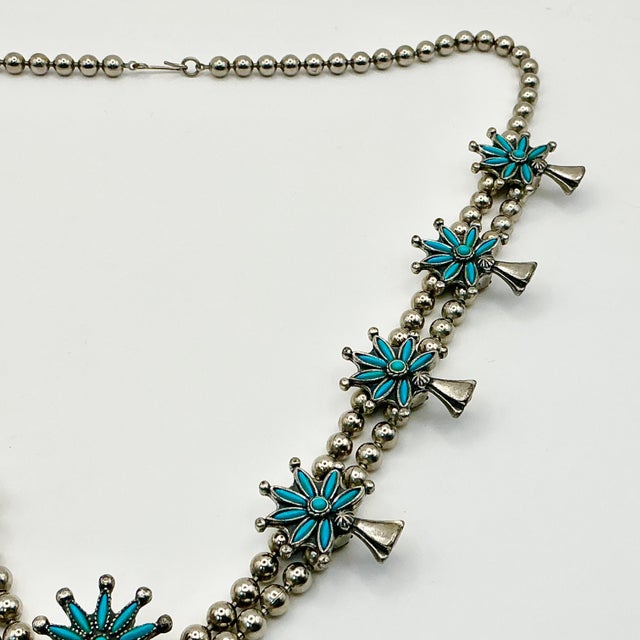 1960s Vintage Southwestern Zuni Native American Sterling & Turquoise Squash Blossom Beaded Necklace, 27” For Sale - Image 6 of 12