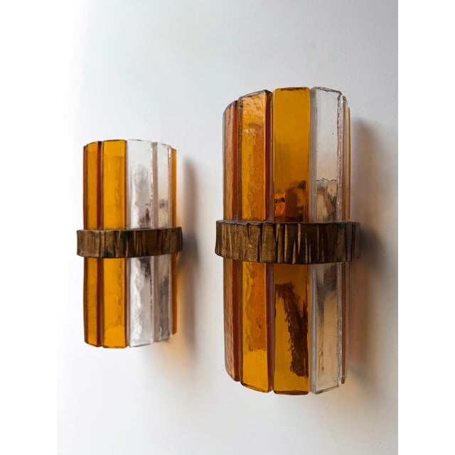 1970s Amber Glass Hammered Wrought Iron Sconces by Longobard - a Pair For Sale - Image 9 of 11