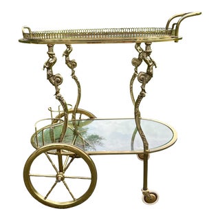Vintage French Brass Maison Charles Style Serving Tea or Bar Cart For Sale