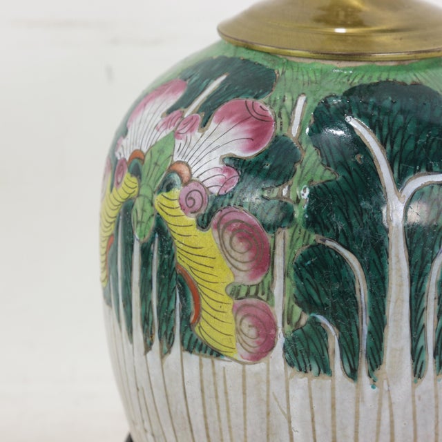 Antique Famille Rose Porcelain Bok Choy Table Lamp With Cabbage Leaf and Butterfly Motif For Sale - Image 13 of 15