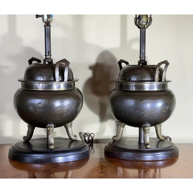 1920s Pair of Antique Chinese Incence Burner Table Lamp For Sale - Image 5 of 13